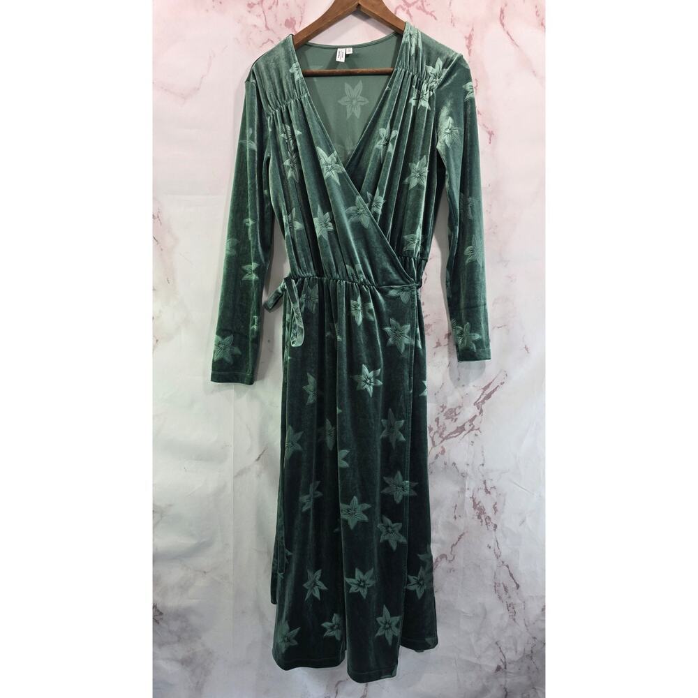 & Other Stories Dress Womens 6 Small Green Velvet Floral Midi Maxi Wrap Long